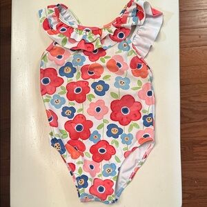 Girls Floral One-Piece Ruffle Swimsuit - Red, Pink, Blue, Green